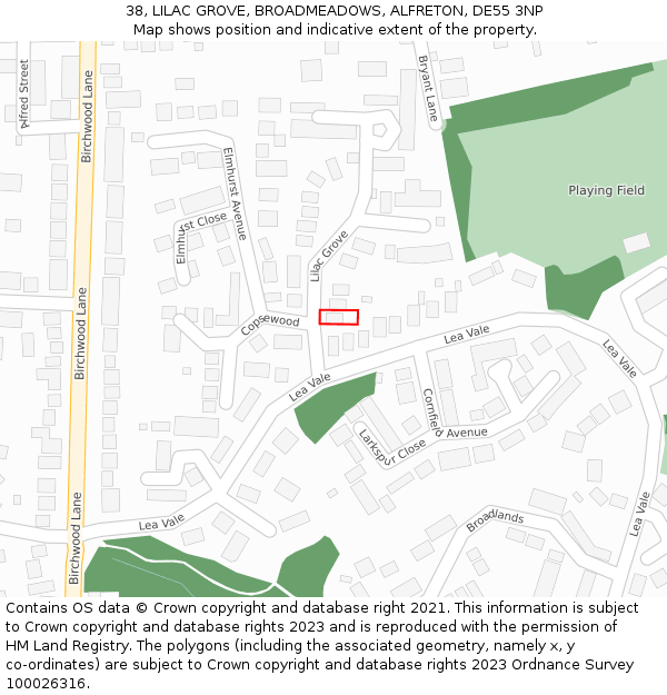 38, LILAC GROVE, BROADMEADOWS, ALFRETON, DE55 3NP: Location map and indicative extent of plot