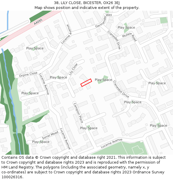 38, LILY CLOSE, BICESTER, OX26 3EJ: Location map and indicative extent of plot