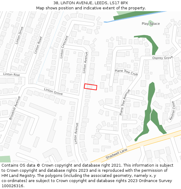 38, LINTON AVENUE, LEEDS, LS17 8PX: Location map and indicative extent of plot