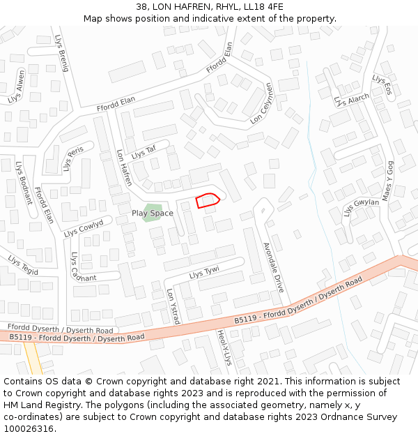 38, LON HAFREN, RHYL, LL18 4FE: Location map and indicative extent of plot