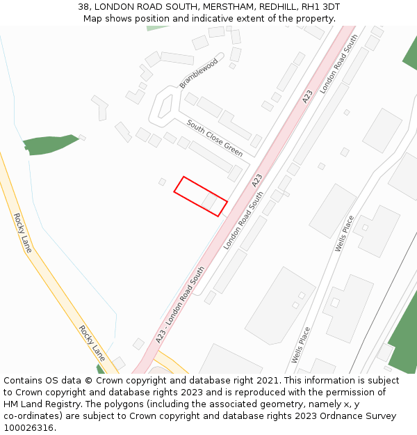 38, LONDON ROAD SOUTH, MERSTHAM, REDHILL, RH1 3DT: Location map and indicative extent of plot