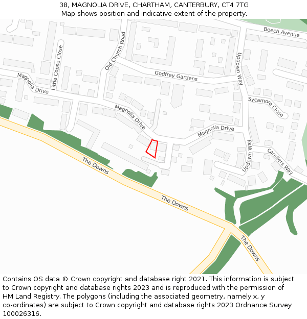 38, MAGNOLIA DRIVE, CHARTHAM, CANTERBURY, CT4 7TG: Location map and indicative extent of plot