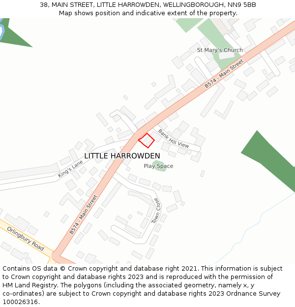 38, MAIN STREET, LITTLE HARROWDEN, WELLINGBOROUGH, NN9 5BB: Location map and indicative extent of plot