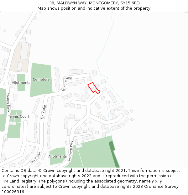 38, MALDWYN WAY, MONTGOMERY, SY15 6RD: Location map and indicative extent of plot