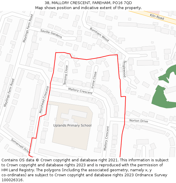 38, MALLORY CRESCENT, FAREHAM, PO16 7QD: Location map and indicative extent of plot