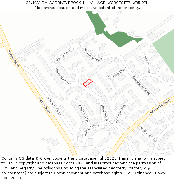 38, MANDALAY DRIVE, BROCKHILL VILLAGE, WORCESTER, WR5 2PL: Location map and indicative extent of plot