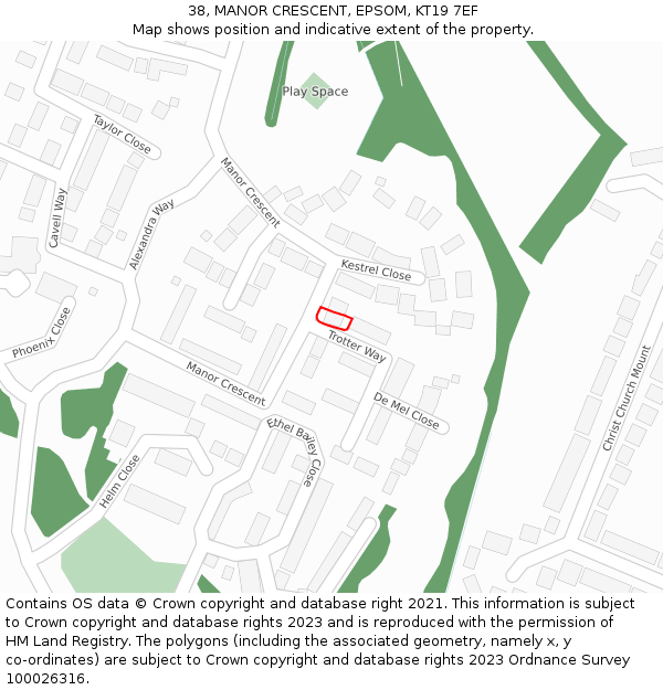 38, MANOR CRESCENT, EPSOM, KT19 7EF: Location map and indicative extent of plot