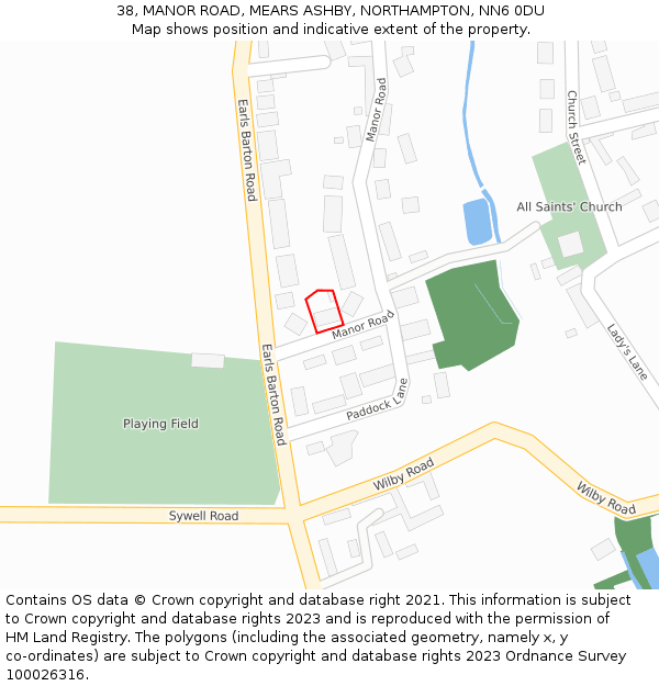 38, MANOR ROAD, MEARS ASHBY, NORTHAMPTON, NN6 0DU: Location map and indicative extent of plot