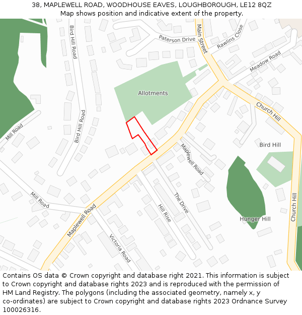 38, MAPLEWELL ROAD, WOODHOUSE EAVES, LOUGHBOROUGH, LE12 8QZ: Location map and indicative extent of plot