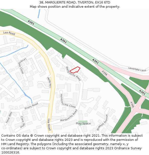 38, MARGUERITE ROAD, TIVERTON, EX16 6TD: Location map and indicative extent of plot