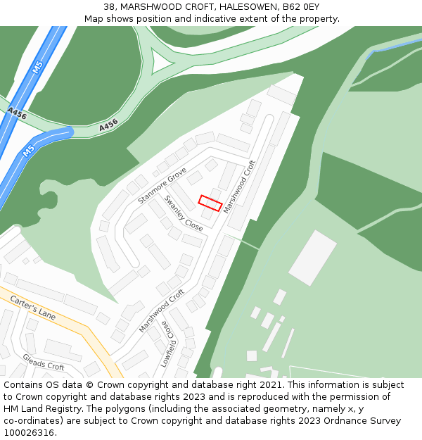 38, MARSHWOOD CROFT, HALESOWEN, B62 0EY: Location map and indicative extent of plot