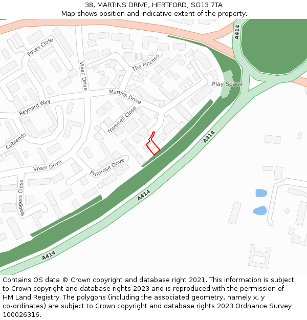 38, MARTINS DRIVE, HERTFORD, SG13 7TA: Location map and indicative extent of plot