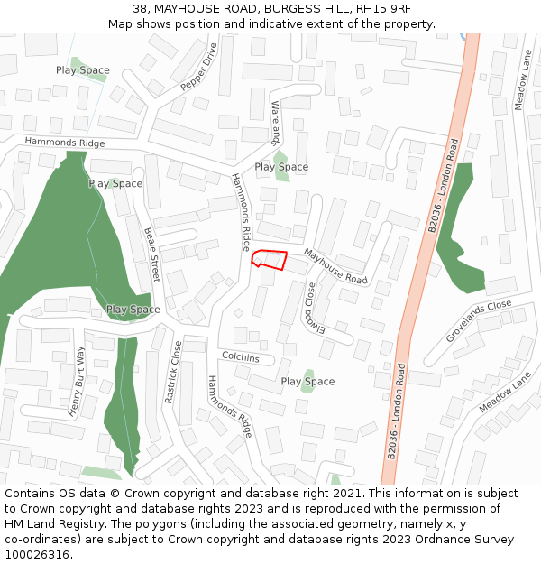 38, MAYHOUSE ROAD, BURGESS HILL, RH15 9RF: Location map and indicative extent of plot