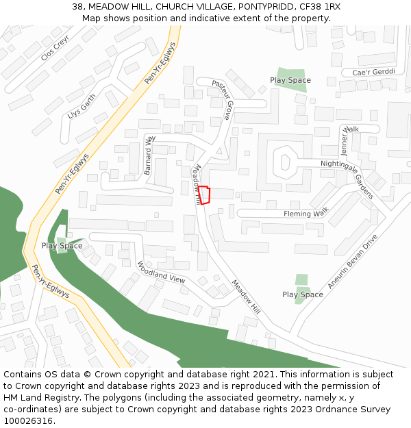 38, MEADOW HILL, CHURCH VILLAGE, PONTYPRIDD, CF38 1RX: Location map and indicative extent of plot