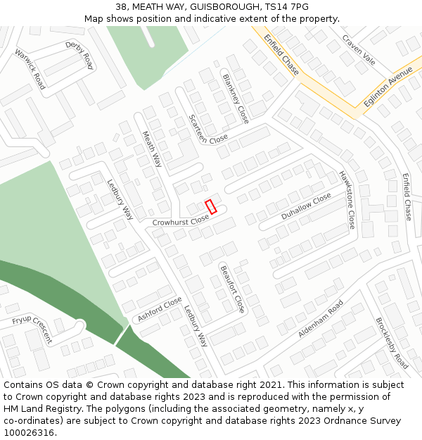 38, MEATH WAY, GUISBOROUGH, TS14 7PG: Location map and indicative extent of plot