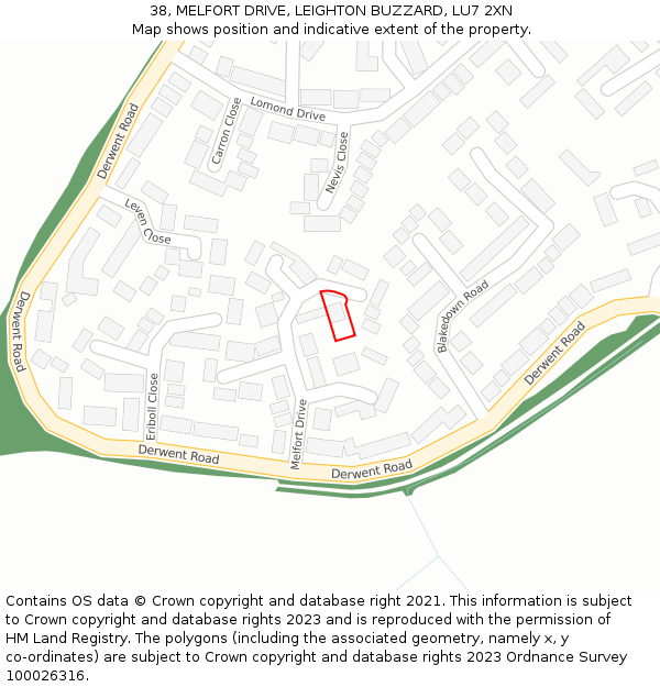 38, MELFORT DRIVE, LEIGHTON BUZZARD, LU7 2XN: Location map and indicative extent of plot