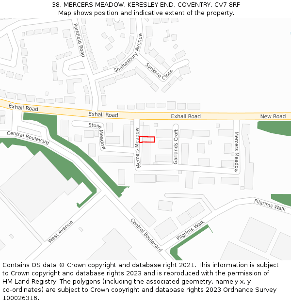 38, MERCERS MEADOW, KERESLEY END, COVENTRY, CV7 8RF: Location map and indicative extent of plot