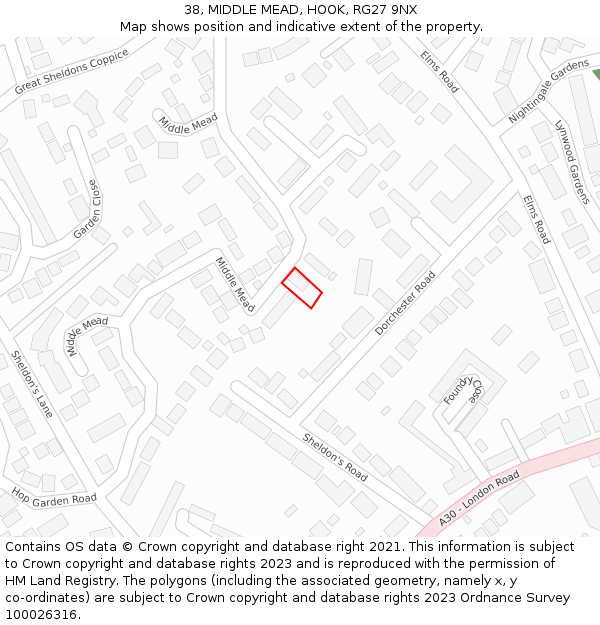 38, MIDDLE MEAD, HOOK, RG27 9NX: Location map and indicative extent of plot