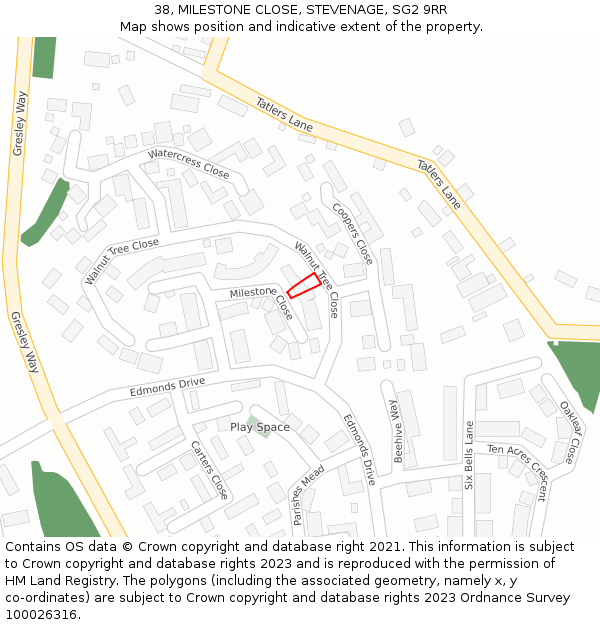 38, MILESTONE CLOSE, STEVENAGE, SG2 9RR: Location map and indicative extent of plot