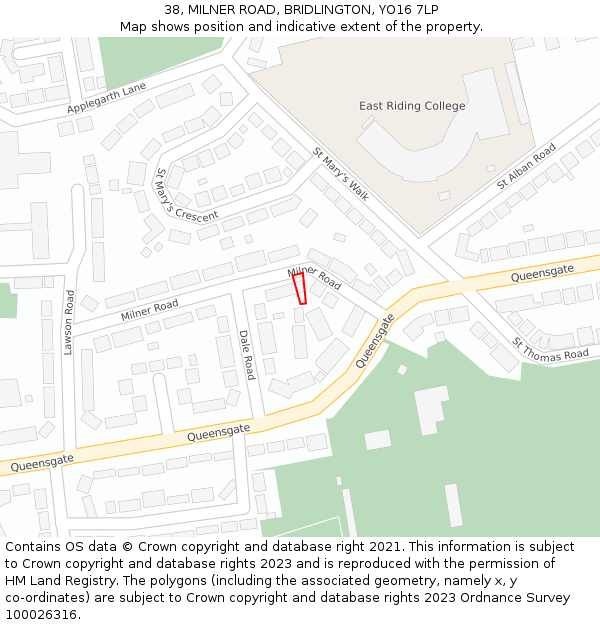 38, MILNER ROAD, BRIDLINGTON, YO16 7LP: Location map and indicative extent of plot