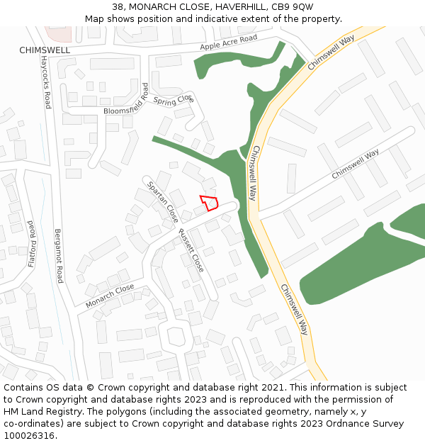38, MONARCH CLOSE, HAVERHILL, CB9 9QW: Location map and indicative extent of plot