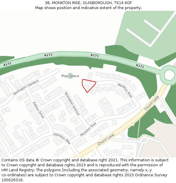 38, MONKTON RISE, GUISBOROUGH, TS14 6GF: Location map and indicative extent of plot