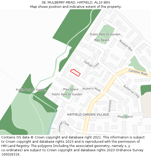 38, MULBERRY MEAD, HATFIELD, AL10 9EN: Location map and indicative extent of plot