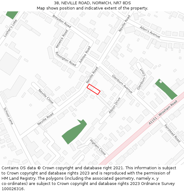 38, NEVILLE ROAD, NORWICH, NR7 8DS: Location map and indicative extent of plot