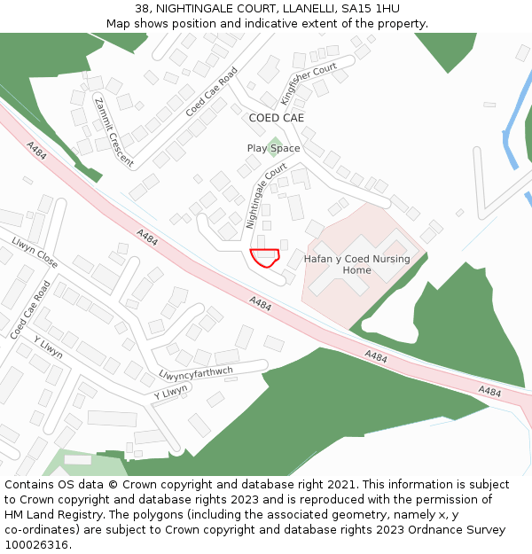 38, NIGHTINGALE COURT, LLANELLI, SA15 1HU: Location map and indicative extent of plot