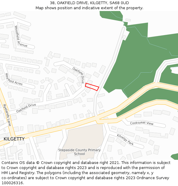 38, OAKFIELD DRIVE, KILGETTY, SA68 0UD: Location map and indicative extent of plot