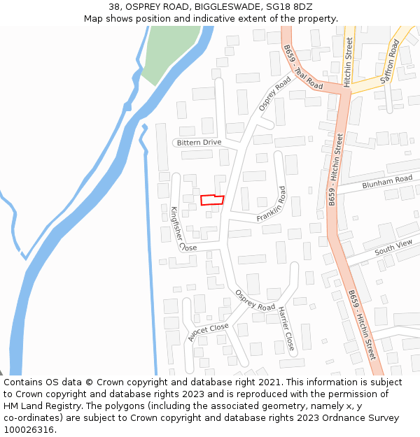 38, OSPREY ROAD, BIGGLESWADE, SG18 8DZ: Location map and indicative extent of plot