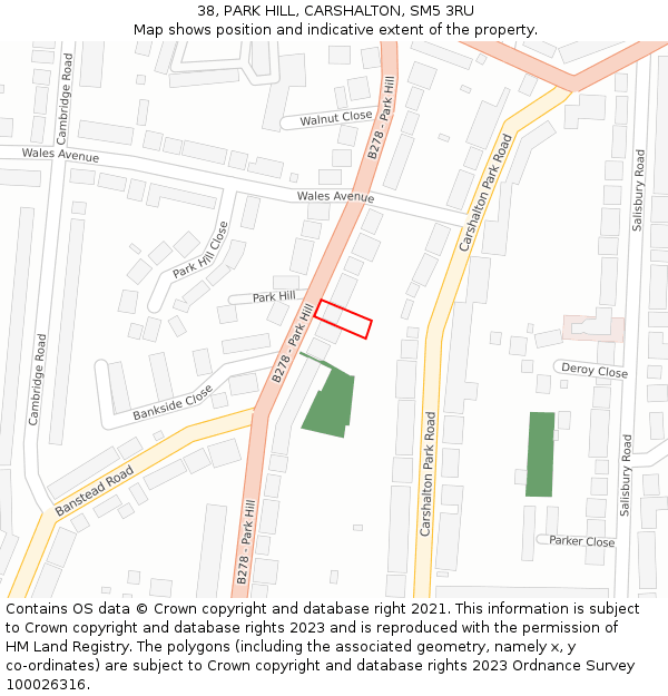 38, PARK HILL, CARSHALTON, SM5 3RU: Location map and indicative extent of plot