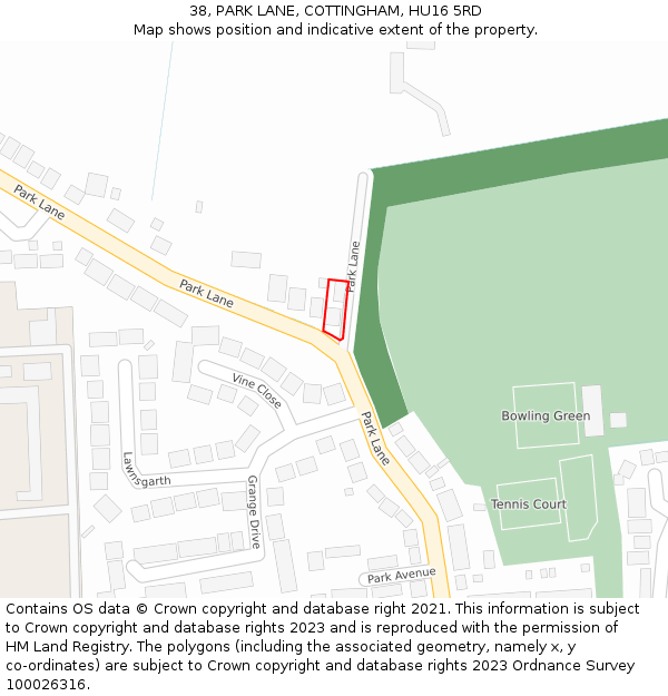 38, PARK LANE, COTTINGHAM, HU16 5RD: Location map and indicative extent of plot