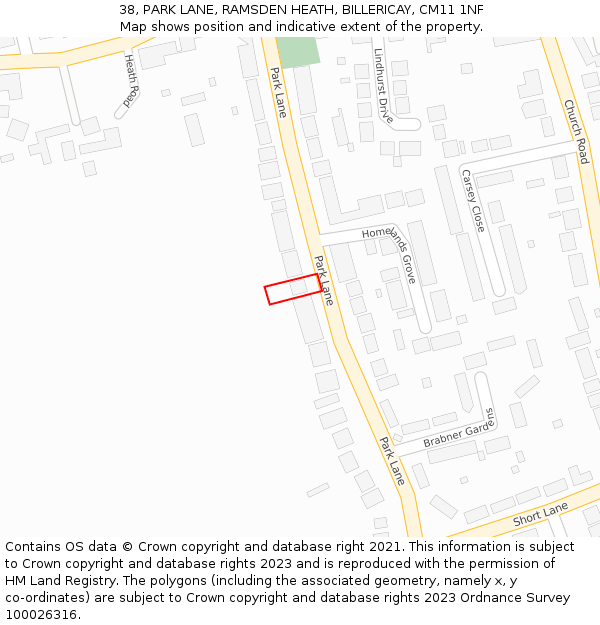 38, PARK LANE, RAMSDEN HEATH, BILLERICAY, CM11 1NF: Location map and indicative extent of plot