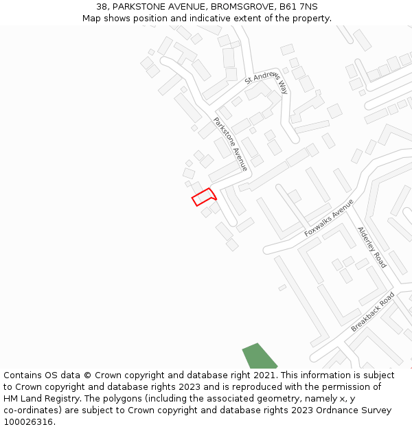 38, PARKSTONE AVENUE, BROMSGROVE, B61 7NS: Location map and indicative extent of plot