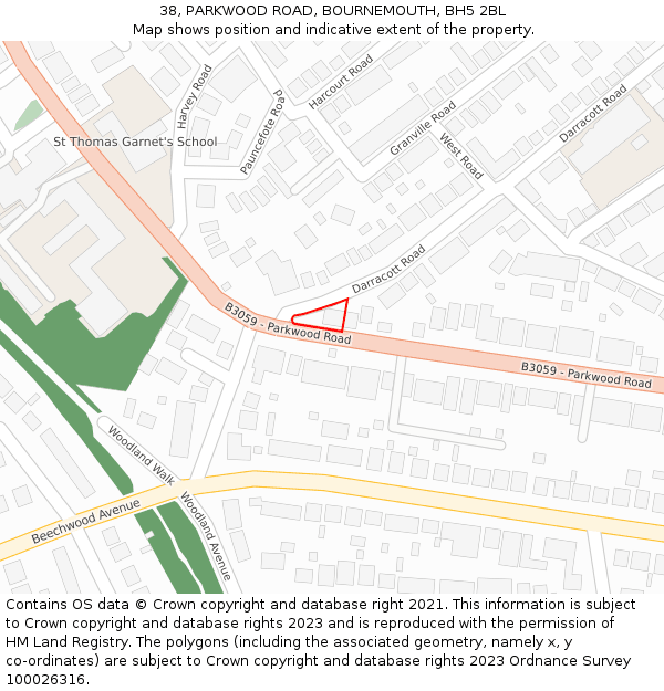 38, PARKWOOD ROAD, BOURNEMOUTH, BH5 2BL: Location map and indicative extent of plot