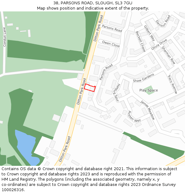 38, PARSONS ROAD, SLOUGH, SL3 7GU: Location map and indicative extent of plot