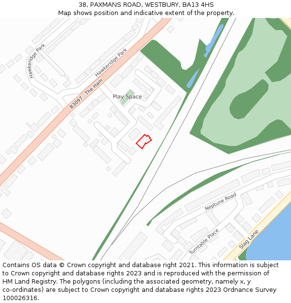 38, PAXMANS ROAD, WESTBURY, BA13 4HS: Location map and indicative extent of plot