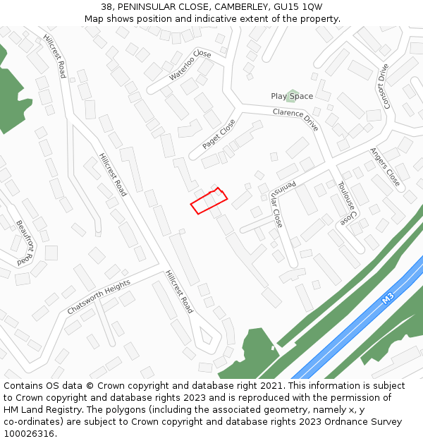 38, PENINSULAR CLOSE, CAMBERLEY, GU15 1QW: Location map and indicative extent of plot