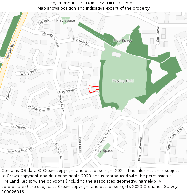 38, PERRYFIELDS, BURGESS HILL, RH15 8TU: Location map and indicative extent of plot
