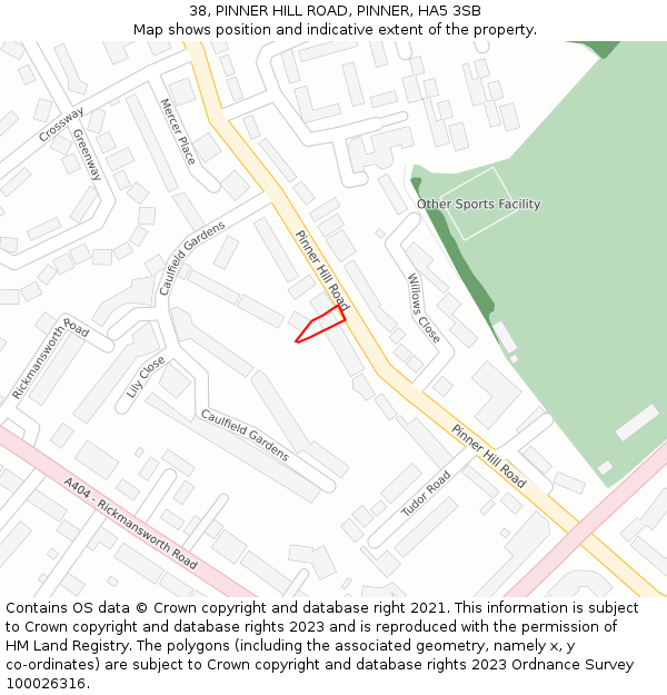 38, PINNER HILL ROAD, PINNER, HA5 3SB: Location map and indicative extent of plot
