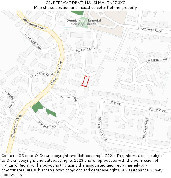 38, PITREAVIE DRIVE, HAILSHAM, BN27 3XG: Location map and indicative extent of plot