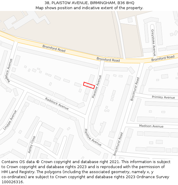 38, PLAISTOW AVENUE, BIRMINGHAM, B36 8HQ: Location map and indicative extent of plot
