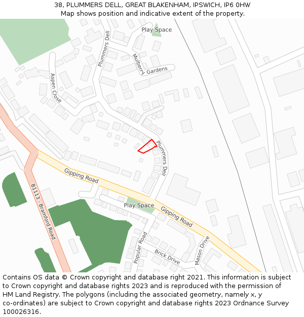 38, PLUMMERS DELL, GREAT BLAKENHAM, IPSWICH, IP6 0HW: Location map and indicative extent of plot