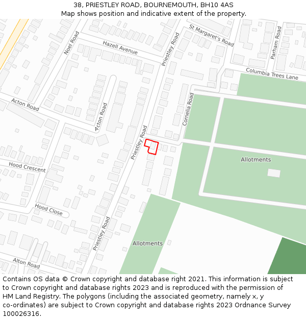 38, PRIESTLEY ROAD, BOURNEMOUTH, BH10 4AS: Location map and indicative extent of plot