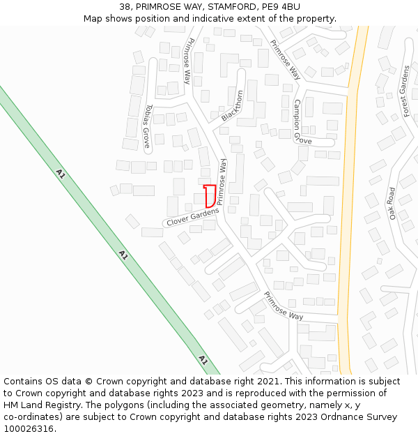 38, PRIMROSE WAY, STAMFORD, PE9 4BU: Location map and indicative extent of plot