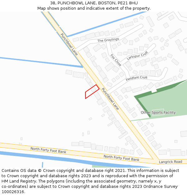 38, PUNCHBOWL LANE, BOSTON, PE21 8HU: Location map and indicative extent of plot
