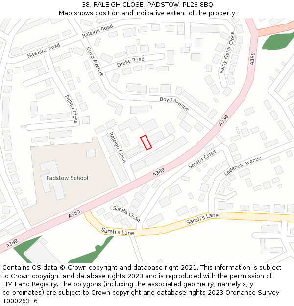 38, RALEIGH CLOSE, PADSTOW, PL28 8BQ: Location map and indicative extent of plot