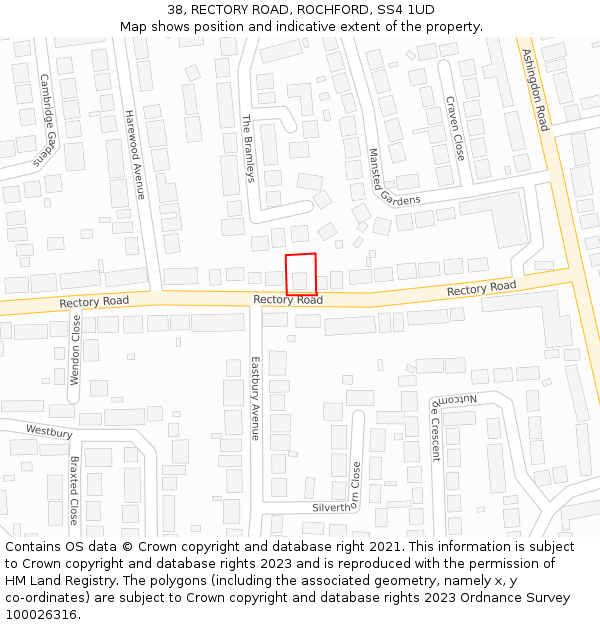 38, RECTORY ROAD, ROCHFORD, SS4 1UD: Location map and indicative extent of plot