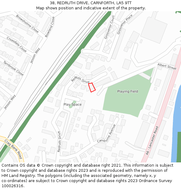 38, REDRUTH DRIVE, CARNFORTH, LA5 9TT: Location map and indicative extent of plot